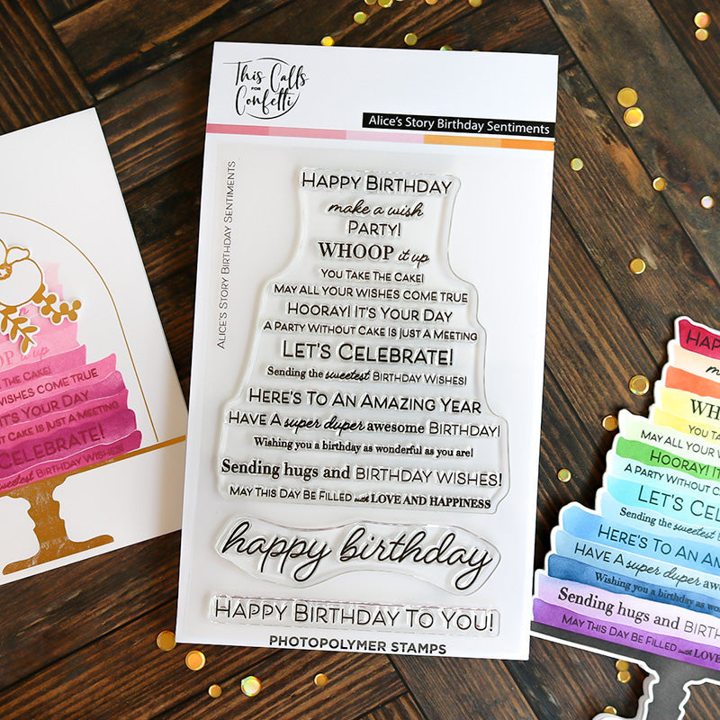 Alice’s Story Birthday Sentiments clear photopolymer stamp set with birthday greetings by This Calls for Confetti.