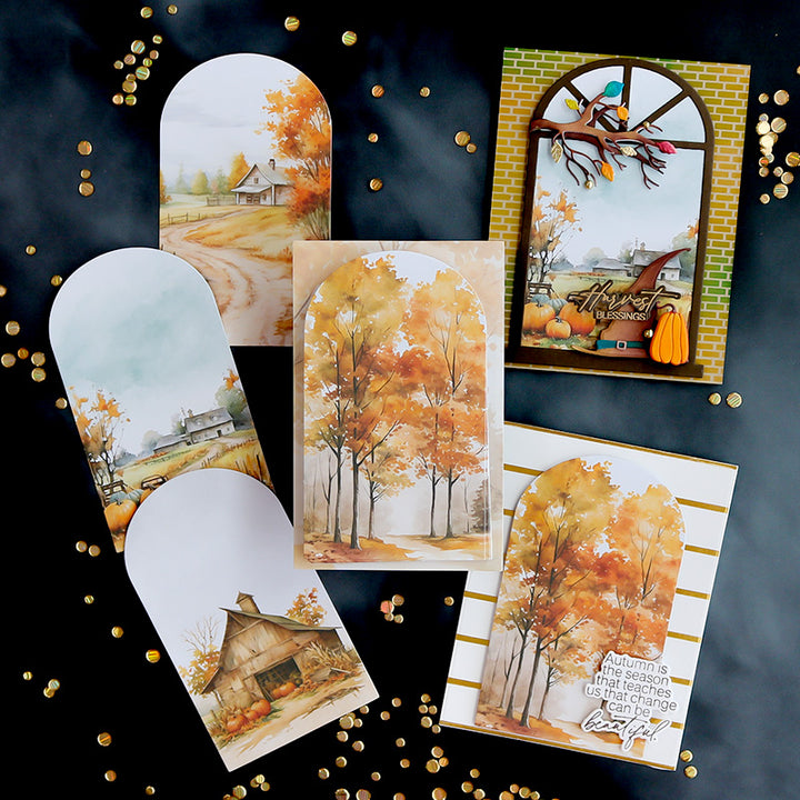 Collection of autumn-themed greeting cards on a dark background with gold confetti.