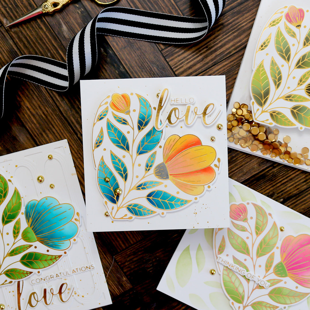 Handmade floral card using Quick Color Stencil with gold foiling by This Calls for Confetti.