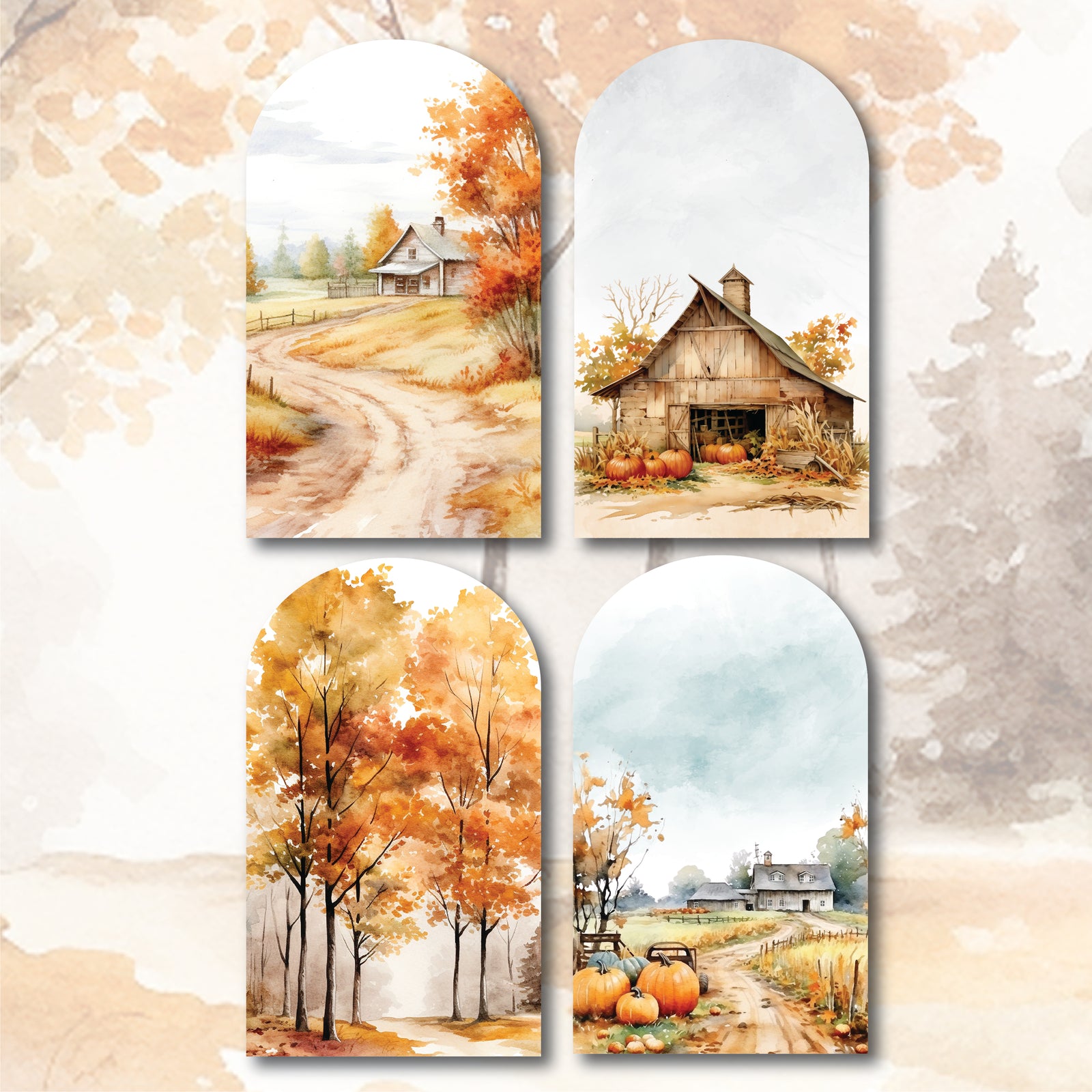 Set of four autumn-themed tags with scenic illustrations on a textured background.