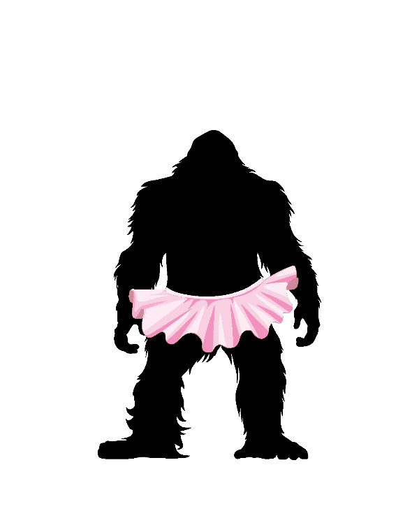 Bigfoot silhouette of a creature wearing a pink tutu on a white background