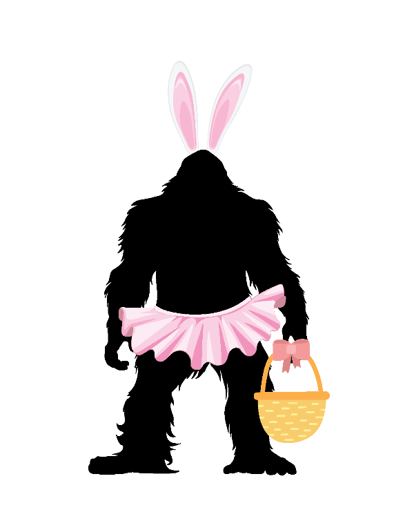 Silhouette of a Bigfoot in a bunny costume with pink ears and skirt, holding a basket on a white background.