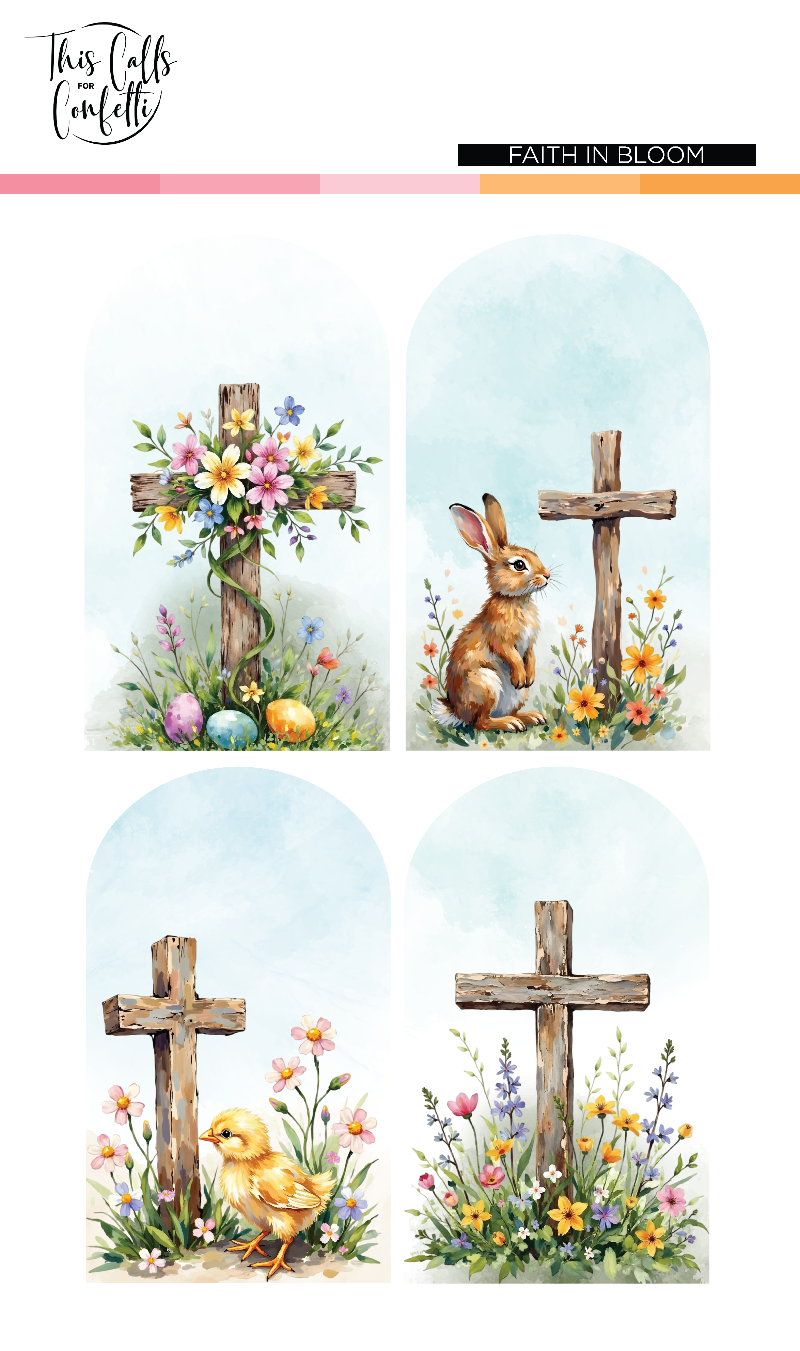 Four Easter-themed cards with crosses, flowers, and a rabbit on a white background.