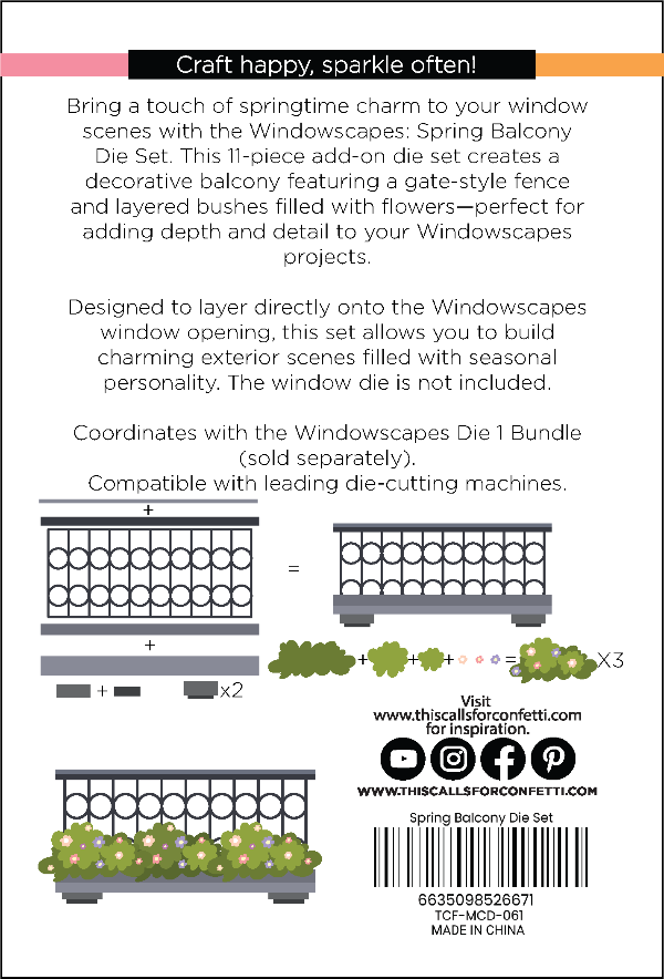 Back of a product packaging for a die set with decorative balcony design, featuring text and graphics.