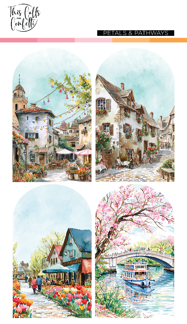 Set of four scenic illustrations of a village with cherry blossoms, a bridge, and flowers.